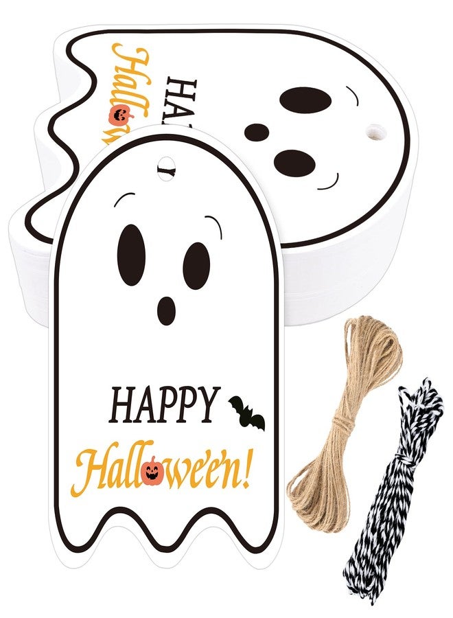 G2PLUS Happy Halloween Tags - 50 Pcs Ghost Paper Gift Tags with String for Trick or Treat Bags, Spooky Halloween Party Favors Tag for Candy Bags, DIY Crafts, Gift Wrapping(2.5x3.5 in) - Image 1